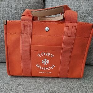 Tory Burch Vibrant Orange Canvas And Leather Tote. New Without Tags.